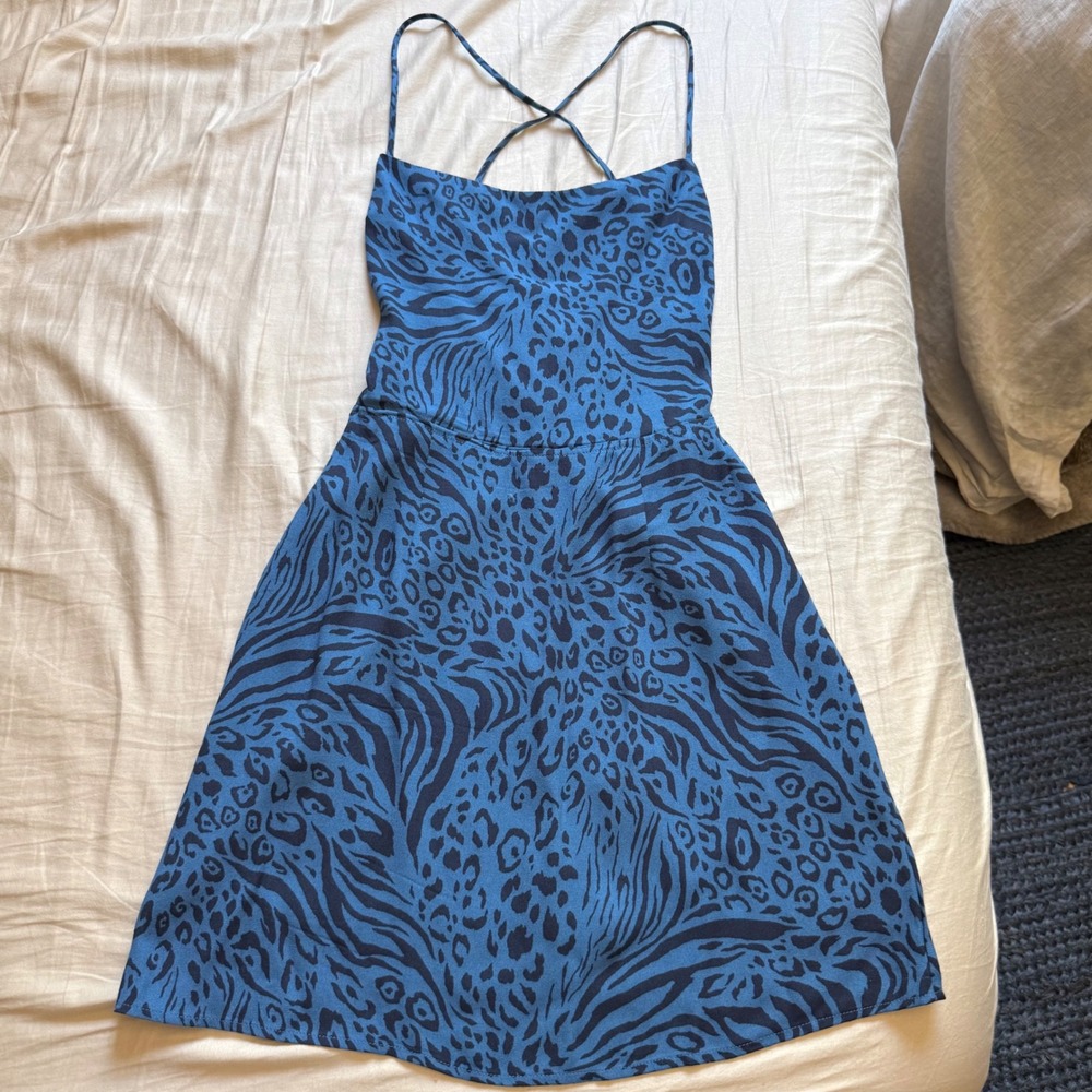 REFORMATION blue black zebra leopard animal print sleeveless mini dress